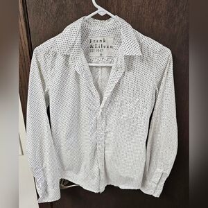 Frank & Eileen Barry Blue Heart Print Crinkle Cotton Button Up Shirt Sz XS